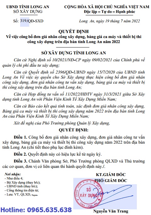 Bảng giá ca máy tỉnh Long An năm 2022 quyết định 319/QĐ-SXD