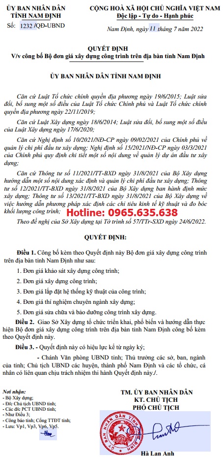 Đơn giá xây dựng tỉnh Nam Định Quyết định 1232/QĐ-UBND