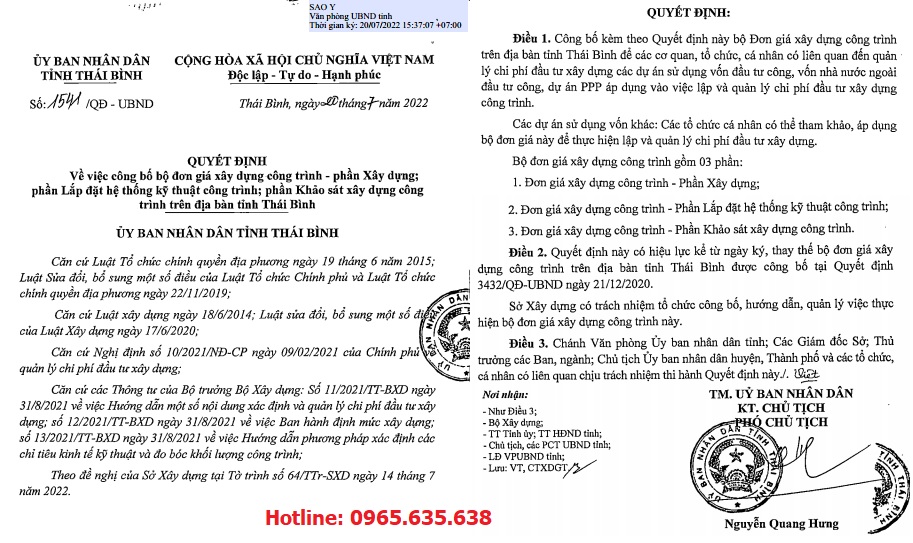 Đơn giá xây dựng tỉnh Thái Bình quyết định 1541/QĐ-UBND