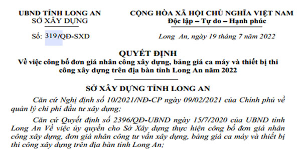Quyết định 319/QĐ-SXD bảng giá ca máy tỉnh Long An năm 2022