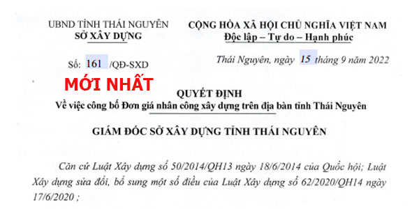 Quyết định 161/QĐ-SXD đơn giá nhân công tỉnh Thái Nguyên