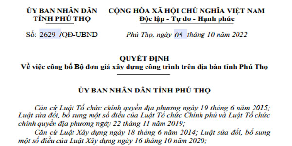 Đơn giá tỉnh phú thọ năm 2022 quyết định 2692/QĐ-UBND
