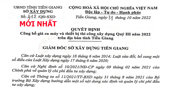 Đơn giá ca máy tỉnh Tiền Giang năm 2022 quyết định 412/QĐ-SXD