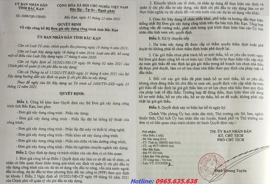 Đơn giá xây dựng tỉnh Bắc Kạn Quyết định 2688/QĐ-UBND