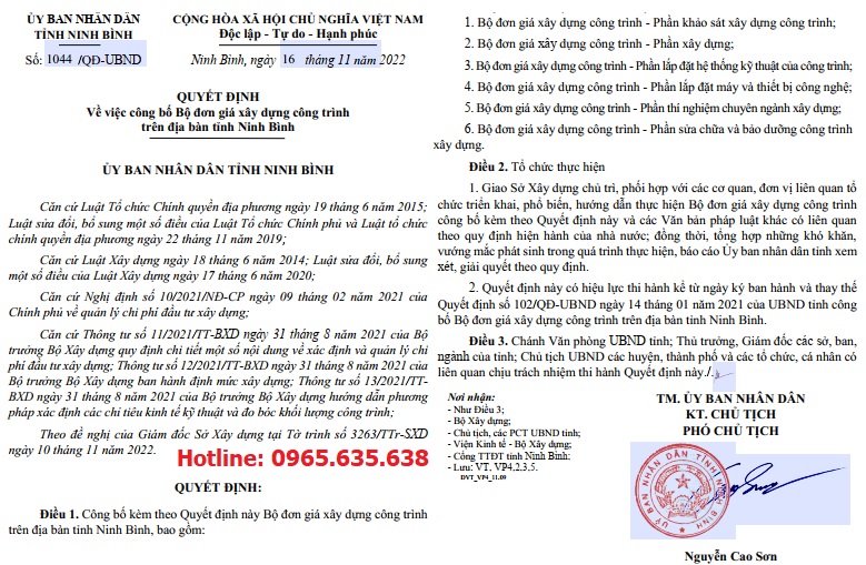 Đơn giá xây dựng tỉnh Ninh Bình năm 2022