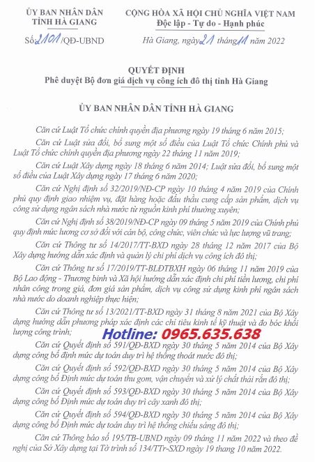 Quyết định 2101/QĐ-UBND Đơn giá dịch vụ công ích đô thị Hà Giang năm 2022