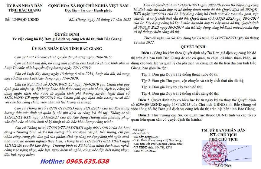 Bắc Giang Đơn giá dịch vụ công ích đô thị Quyết định 1249/QĐ-UBND năm 2022
