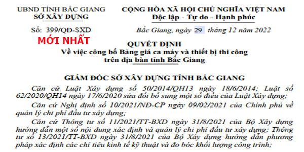 bảng giá ca máy tỉnh bắc giang quyết định 399/qđ-sxd năm 2023