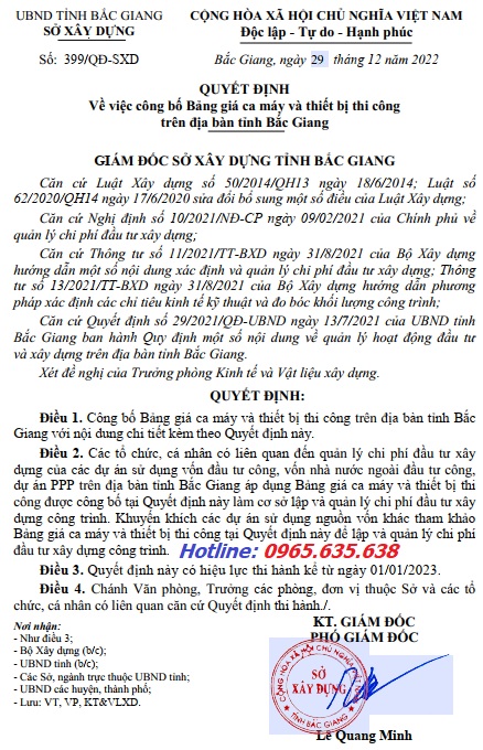 bảng giá ca máy tỉnh bắc giang quyết định 399/qđ-sxd