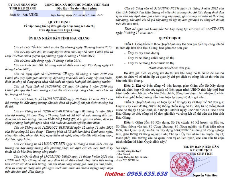 Đơn giá công ích đô thị tỉnh Hậu Giang năm 2023