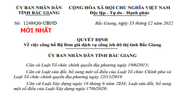 Đơn giá dịch vụ công ích đô thị Quyết định 1249/QĐ-UBND năm 2022 tỉnh Bắc Giang
