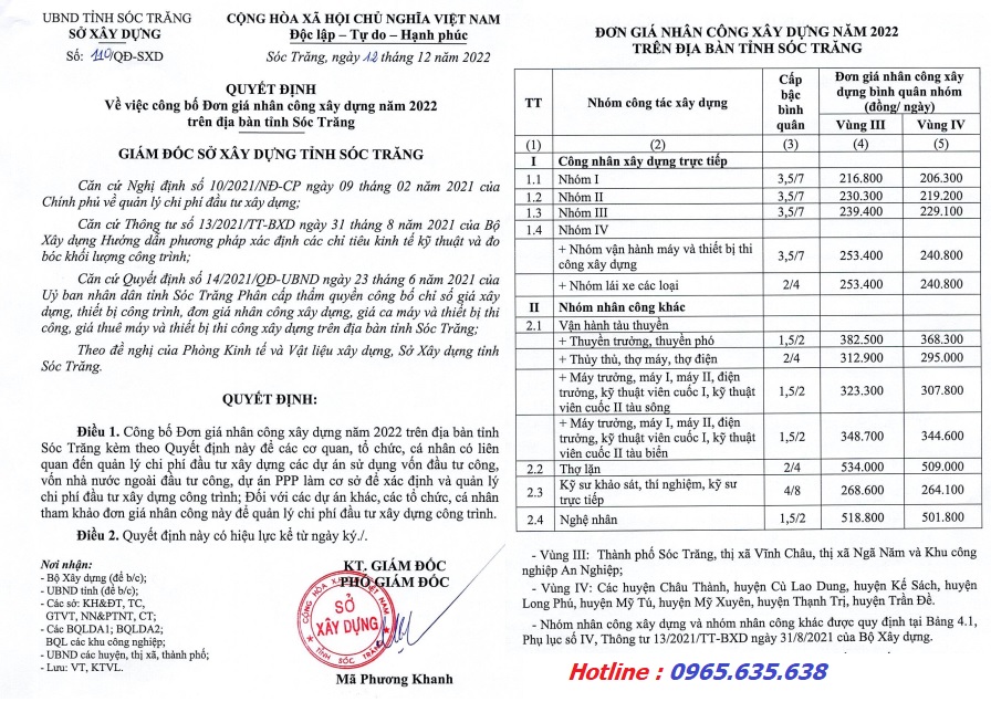 đơn giá nhân công tỉnh Sóc Trăng Quyết định 110/QĐ-SXD