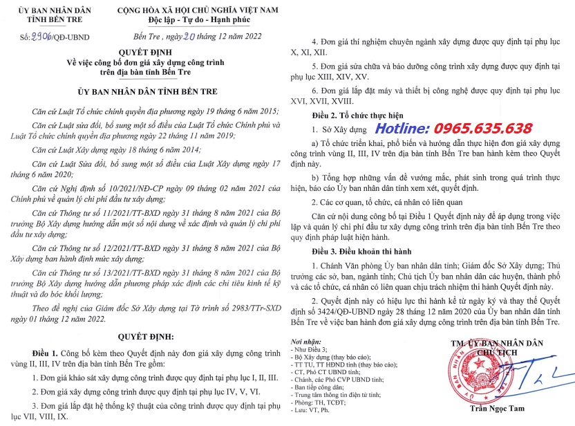 Đơn giá xây dựng Bến Tre năm 2023 Quyết định 2906/QĐ-UBND