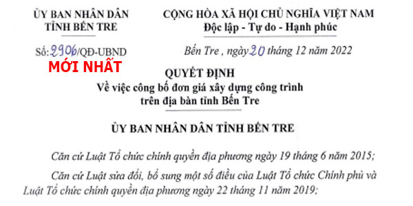 đơn giá xây dựng tỉnh Bến Tre năm 2023