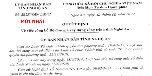 đơn giá xây dựng tỉnh Nghệ An quyết định 3925/qđ-ubnd