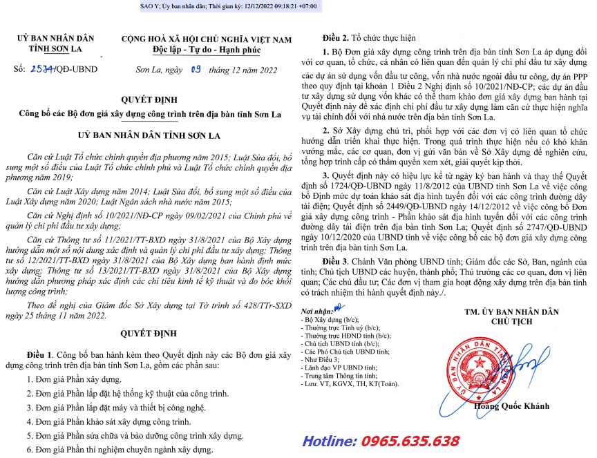 Đơn giá xây dựng tỉnh Sơn La năm 2022 Quyết định 2574/QĐ-UBND