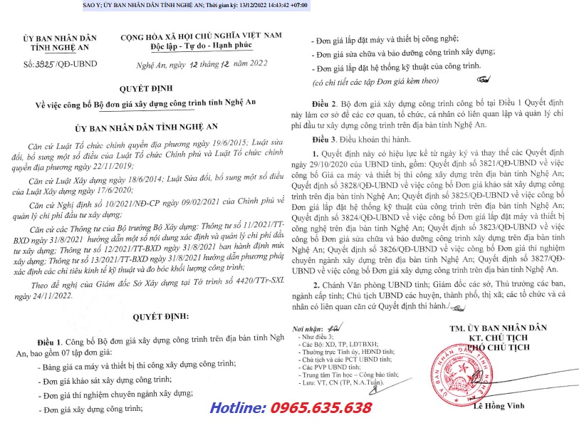 Nghệ An Đơn giá xây dựng năm 2022 Quyết định 3925/QĐ-UBND