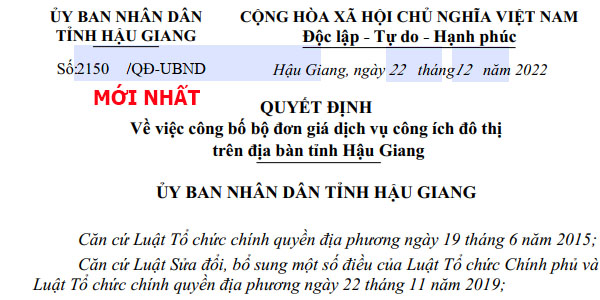 Quyết định 2150/QĐ-UBND đơn giá công ích đô thị Hậu giang