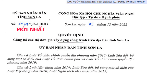 quyết định 2574/QĐ-UBND đơn giá xây dựng tỉnh sơn la