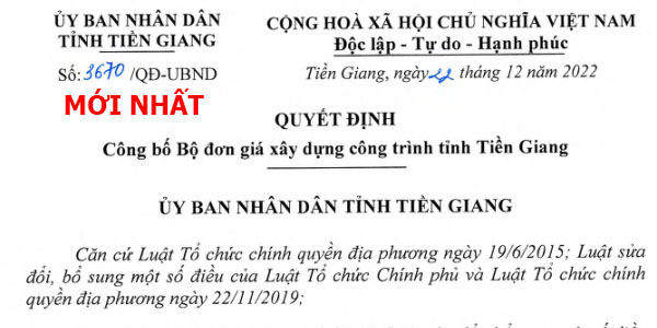 quyết định 3670/qđ-ubnd đơn giá tỉnh Tiền Giang