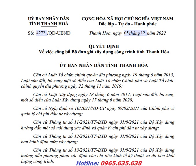Quyết định 4722/qđ-ubnd đơn giá xây dựng tỉnh Thanh Hóa năm 2022