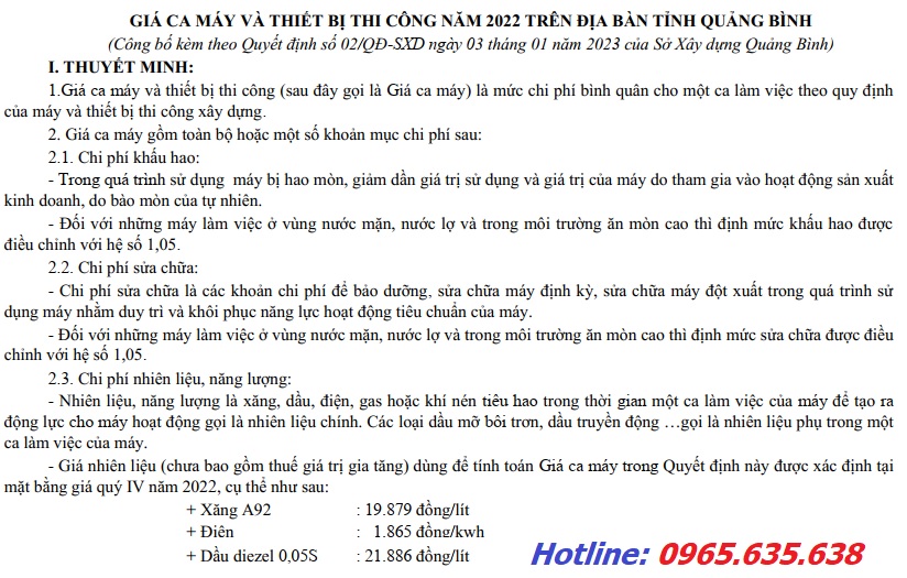 bảng giá ca máy tỉnh Quảng bình năm 2023