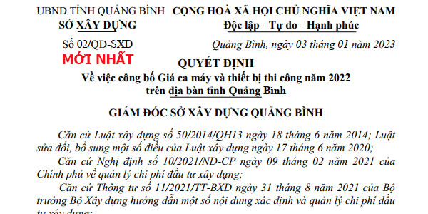 quyết định 02/qđ-sxd bảng giá ca máy tỉnh quàng bình năm 2023