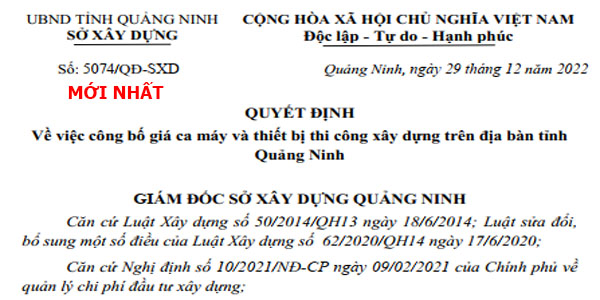Bảng giá ca máy tỉnh Quảng Ninh năm 2023 Quyết định 5074/QĐ-SXD