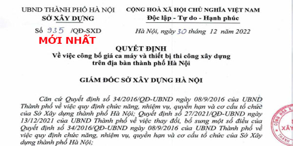 bảng giá ca máy thiết bị Hà Nội năm 2023