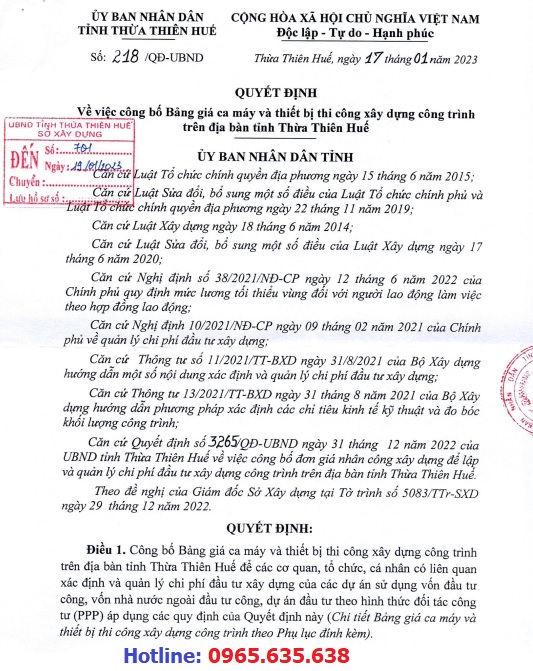 Bảng giá ca máy thừa thiên huế năm 2023