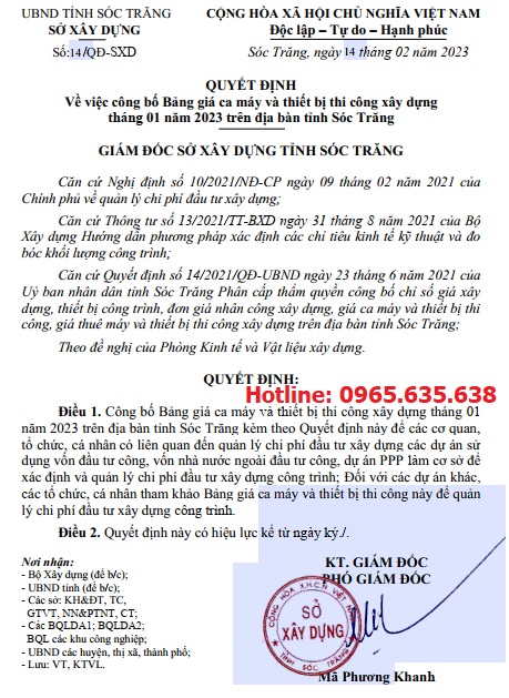 Bảng giá ca máy tỉnh Sóc Trăng năm 2023