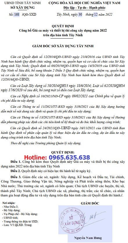 Bảng giá ca máy tỉnh Tây Ninh năm 2023 Quyết định 168/QĐ-SXD