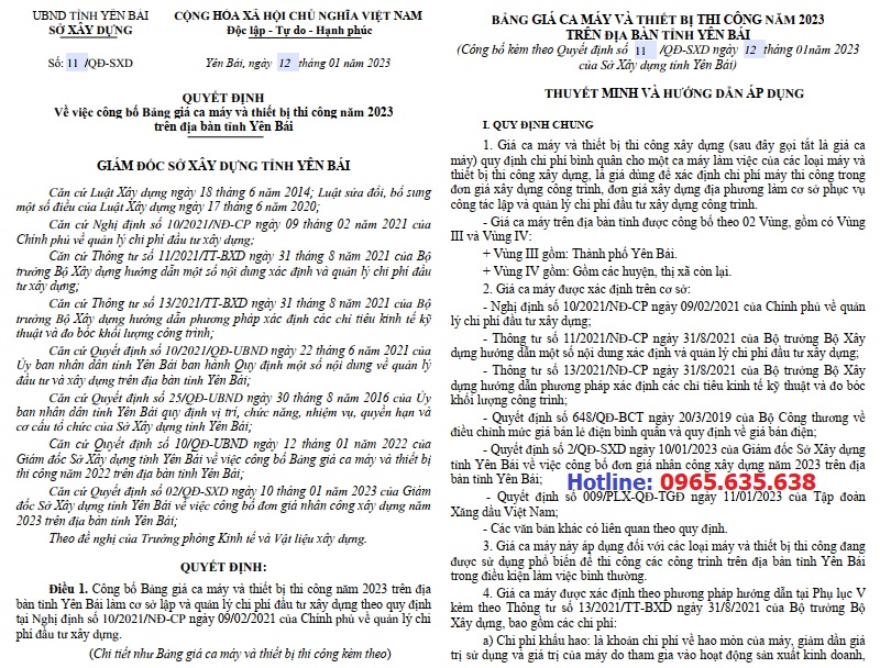 Bảng giá ca máy thiết bị tỉnh Yên Bái năm 2023 Quyết định 11/QĐ-SXD
