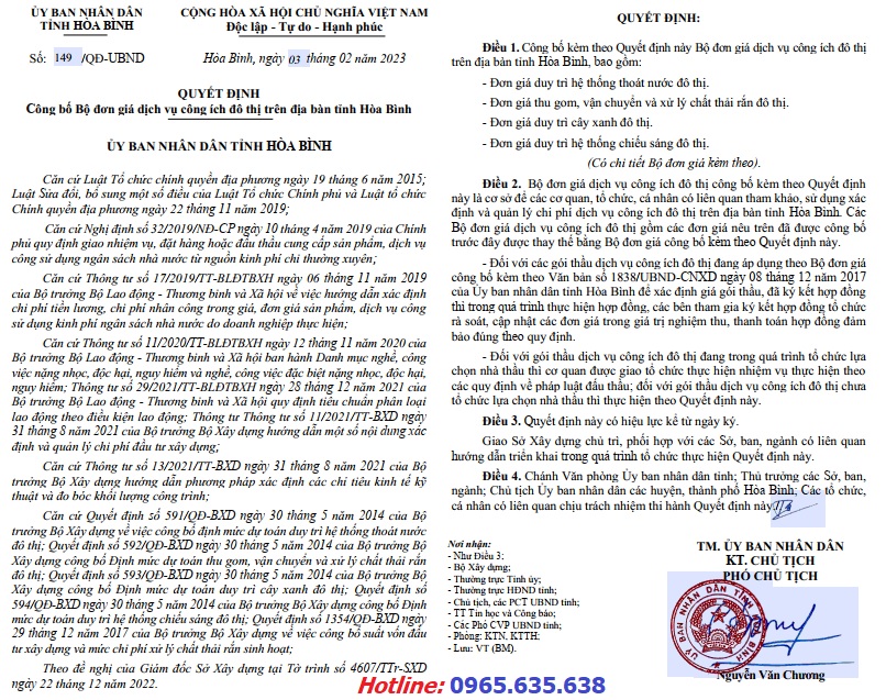 Đơn giá dịch vụ công ích đô thị tỉnh Hòa Bình năm 2023