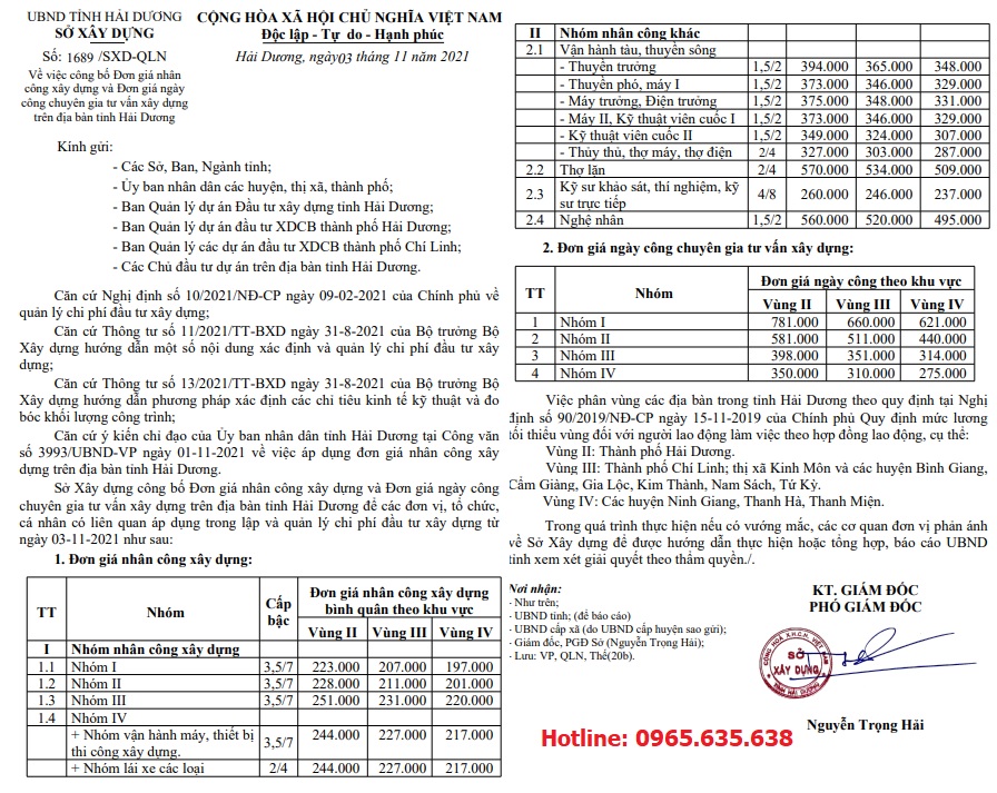 đơn giá nhân công tỉnh Hải Dương năm 2023