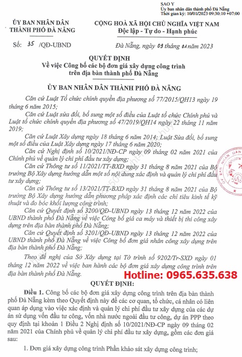 Đơn giá xây dựng Đà Nẵng năm 2023 quyết định 35/QĐ-UBND