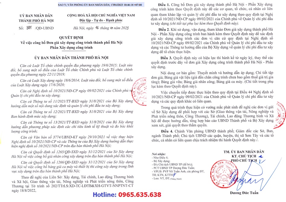 Đơn giá xây dựng Hà Nội năm 2023 Quyết định 381/QĐ-UBND