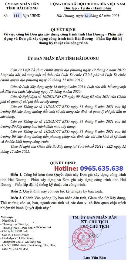 Đơn giá xây dựng tỉnh Hải Dương năm 2023 quyết định 114/qđ-ubnd