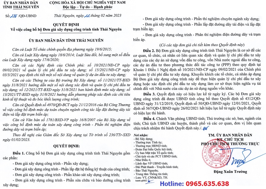 Đơn giá xây dựng tỉnh Thái nguyên năm 2023 Quyết định 256/QĐ-UBND