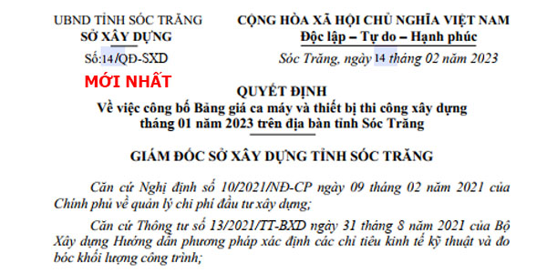 Quyết định 14/QĐ-SXD Bảng giá ca máy tỉnh Sóc Trăng năm 2023