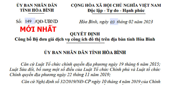 Quyết định 149/QĐ-UBND đơn giá dịch vụ công ích Hòa Bình năm 2023