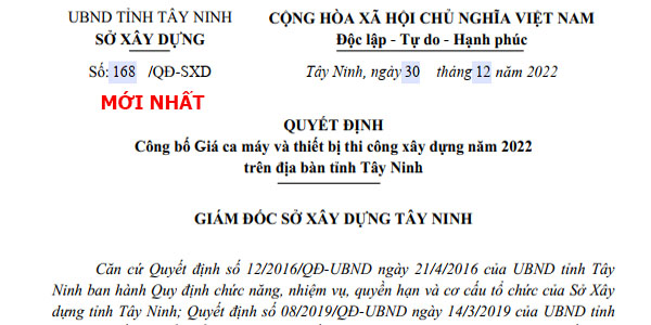 Quyết định 168/QĐ-SXD Bảng giá ca máy tỉnh Tây Ninh năm 2023