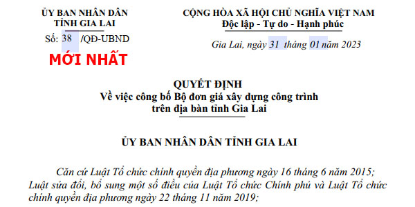Quyết định 38/QĐ-UBND Đơn giá xây dựng tỉnh Gia Lai năm 2023