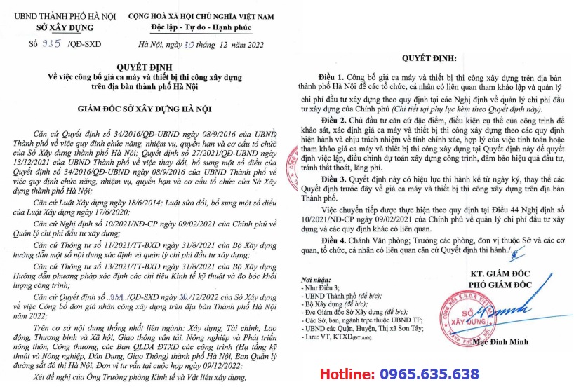 Quyết định 935/QĐ-SXD Bảng giá ca máy Hà Nội năm 2023