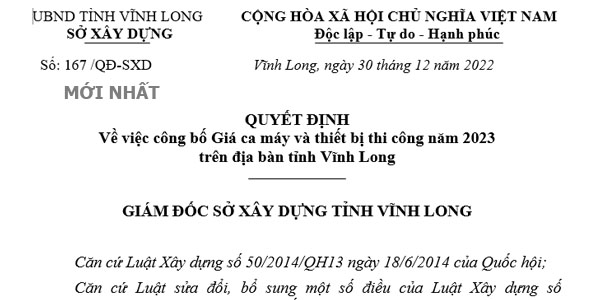 Bảng giá ca máy tỉnh Vĩnh Long năm 2023 Quyết định 167/QĐ-SXD