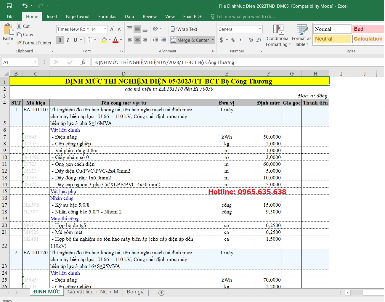 file excel định mức thí nghiệm điện 05/2023/tt-bct