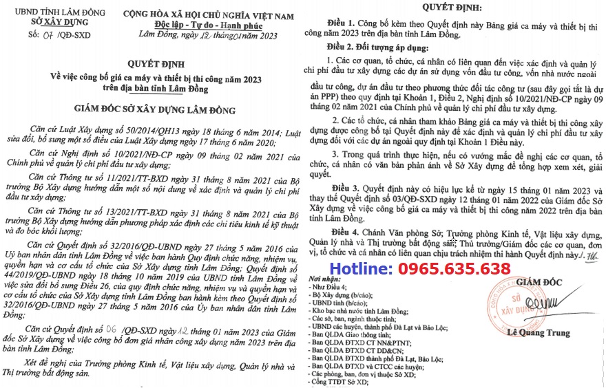 Quyết định 07/QĐ-SXD Bảng giá ca máy tỉnh Lâm Đồng 2023