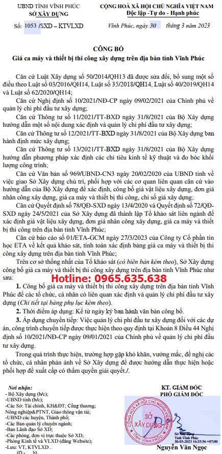 Bảng giá ca máy tỉnh Vĩnh Phúc năm 2023