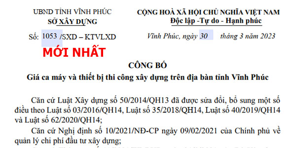 Công bố 1053/SXD-KTVLXD Bảng giá ca máy tỉnh Vĩnh Phúc năm 2023