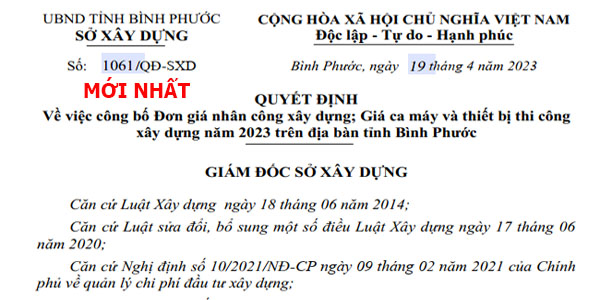 Quyết định 1061/QĐ-SXD bảng giá ca máy Bình Phước năm 2023